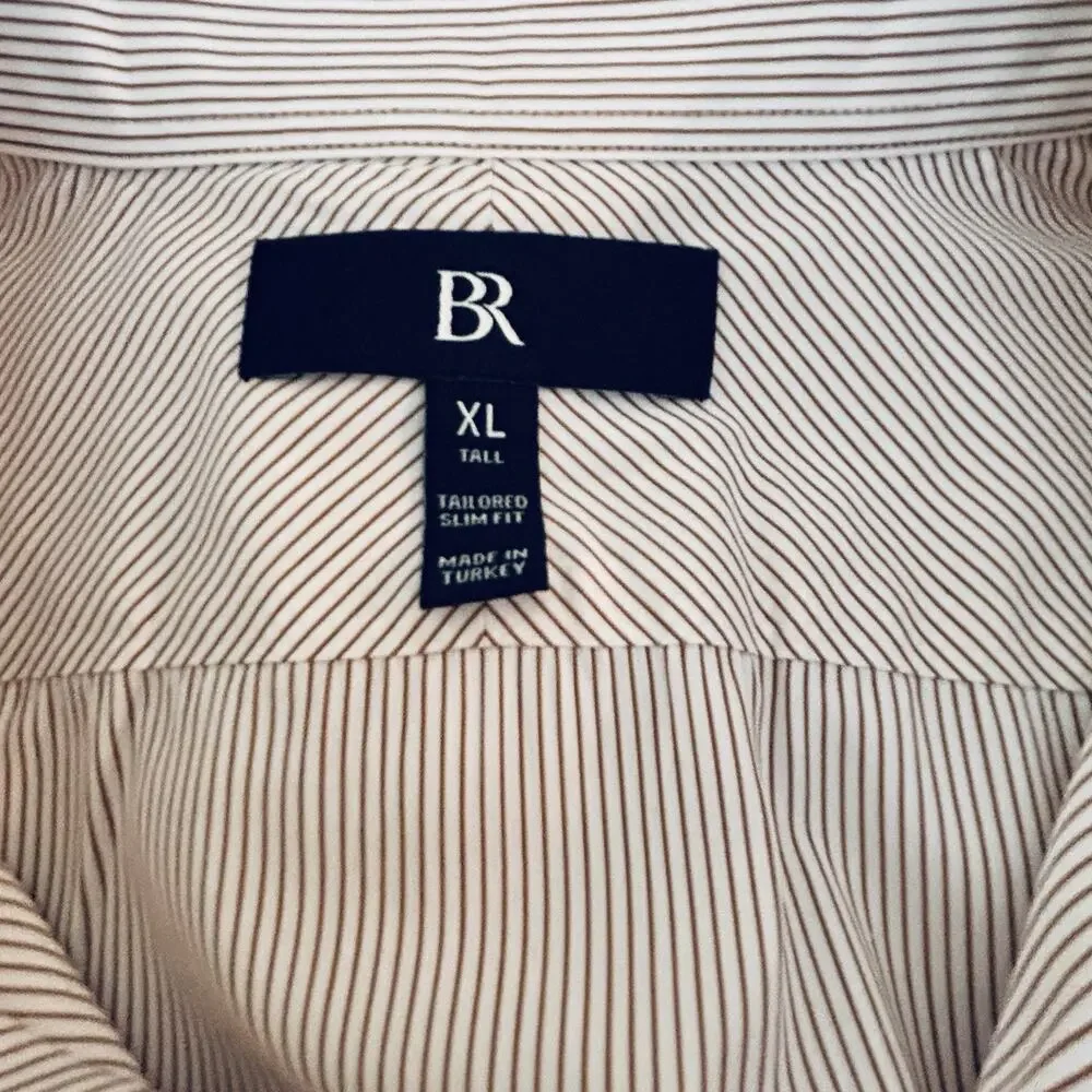 Banana Republic Men's Tall Tailored Slim Fit Cotton Brown White Striped Shirt XL